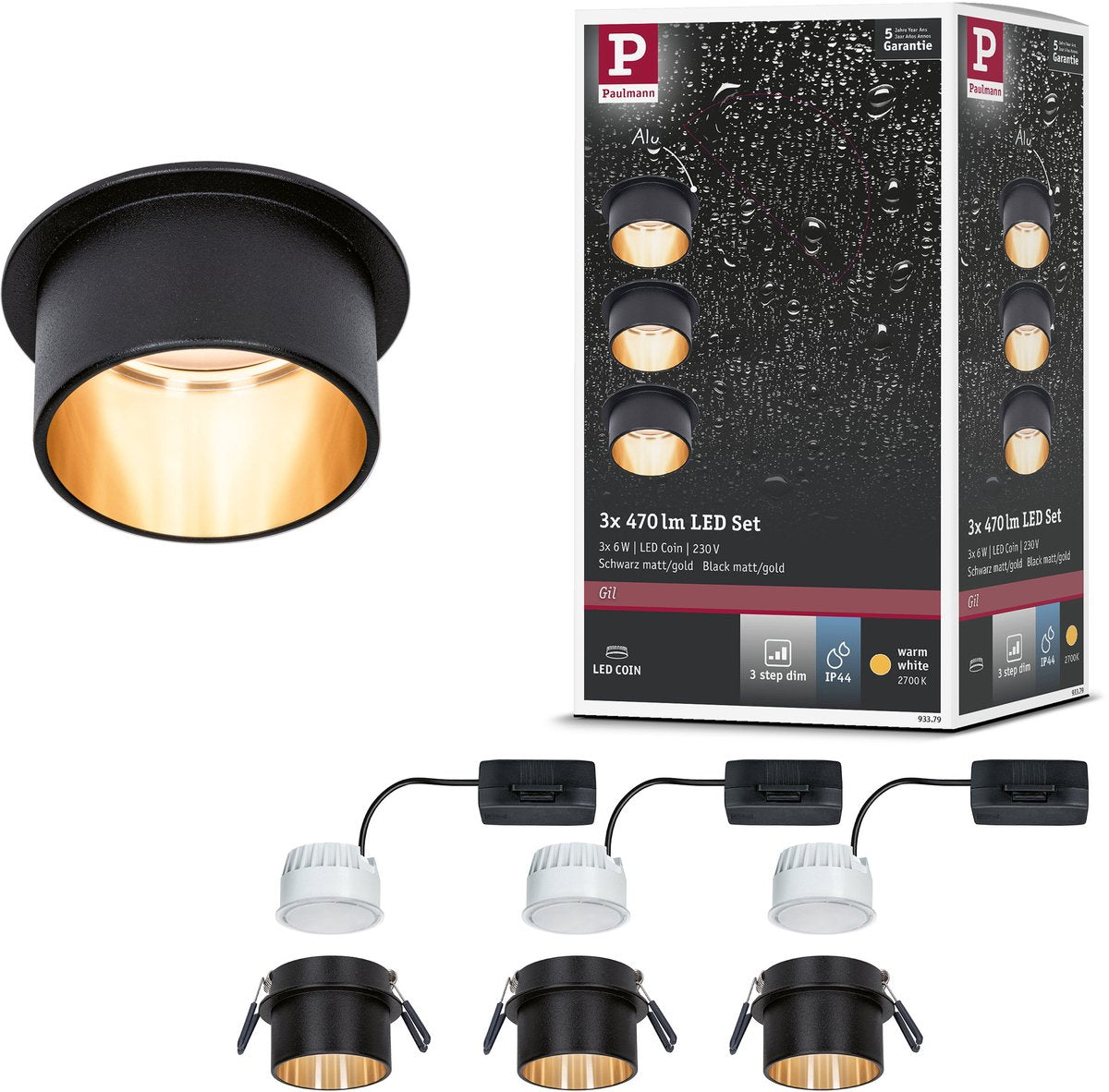 Paulmann LED empotrable 3-step-dim Gil Coin set básico IP44 redondo 68 mm moneda 3x6W 3x470lm 230V regulable 2700K negro mate, oro