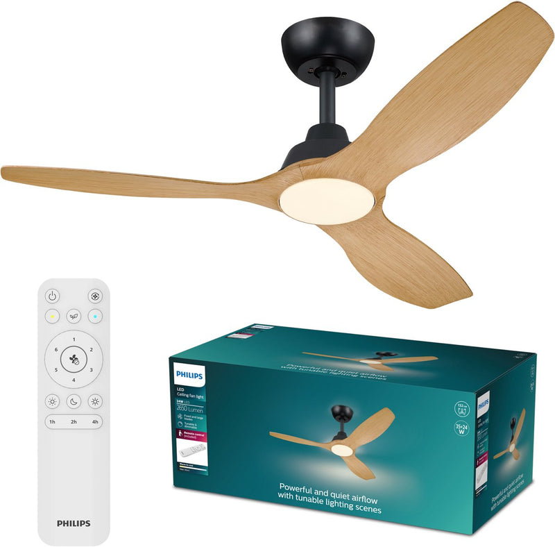 Ventilatore Philips LED Philips Olas con lampada LED - diametro: 132cm - luce bianca regolabile da 3000k a 6500k - dimmerabile fino al 5% - incluso telecomando - 2650 lumen - legno nero