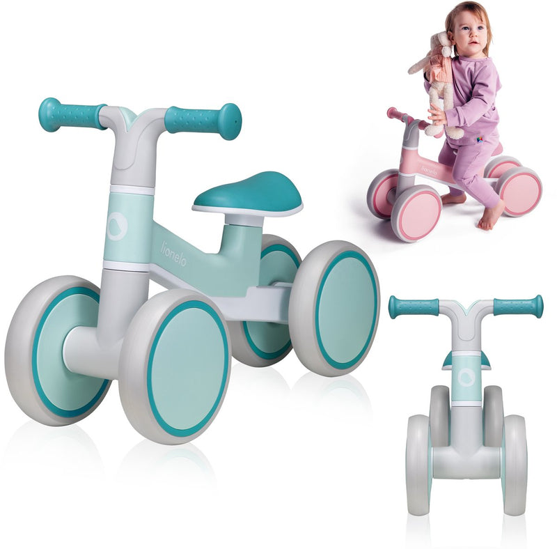 Bicicleta de equilibrio Lionelo Villy - ligera - 1-3 años - niños y niñas - hasta 30 kg - 4 ruedas - horquilla delantera con amortiguador - asas antideslizantes - sillín ergonómico - bloqueo de dirección - regalo de cumpleaños