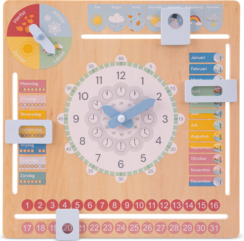 Woet new classic toys® reloj calendario de madera - aprende a decir la hora - reloj de aprendizaje - ¿sabes qué día es? ¿Qué hora es? ¿Está brillando el sol? - días, meses, estaciones meteorológicas - juguetes educativos - a partir de 3 años