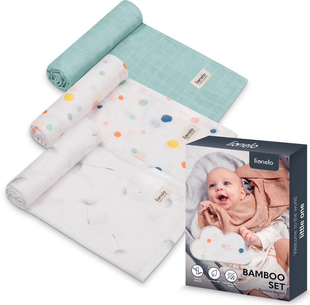 Juego de bambú Lionelo - pañales 100% algodón de bambú - juego de 3 piezas - 70 x 70 cm - hipoalergénico - antibacteriano - termorregulador - suave transpirable - multicolor - lavable - desde el nacimiento