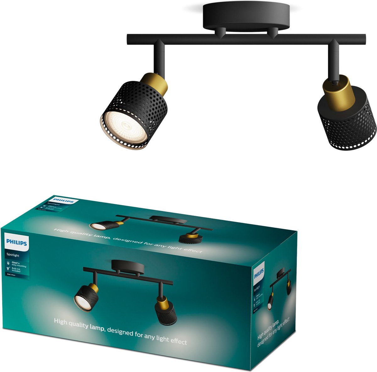 Philips LED Philips Niall spot - faretto da soffitto con due punti luce - nero con design oro - attacco LED gu10