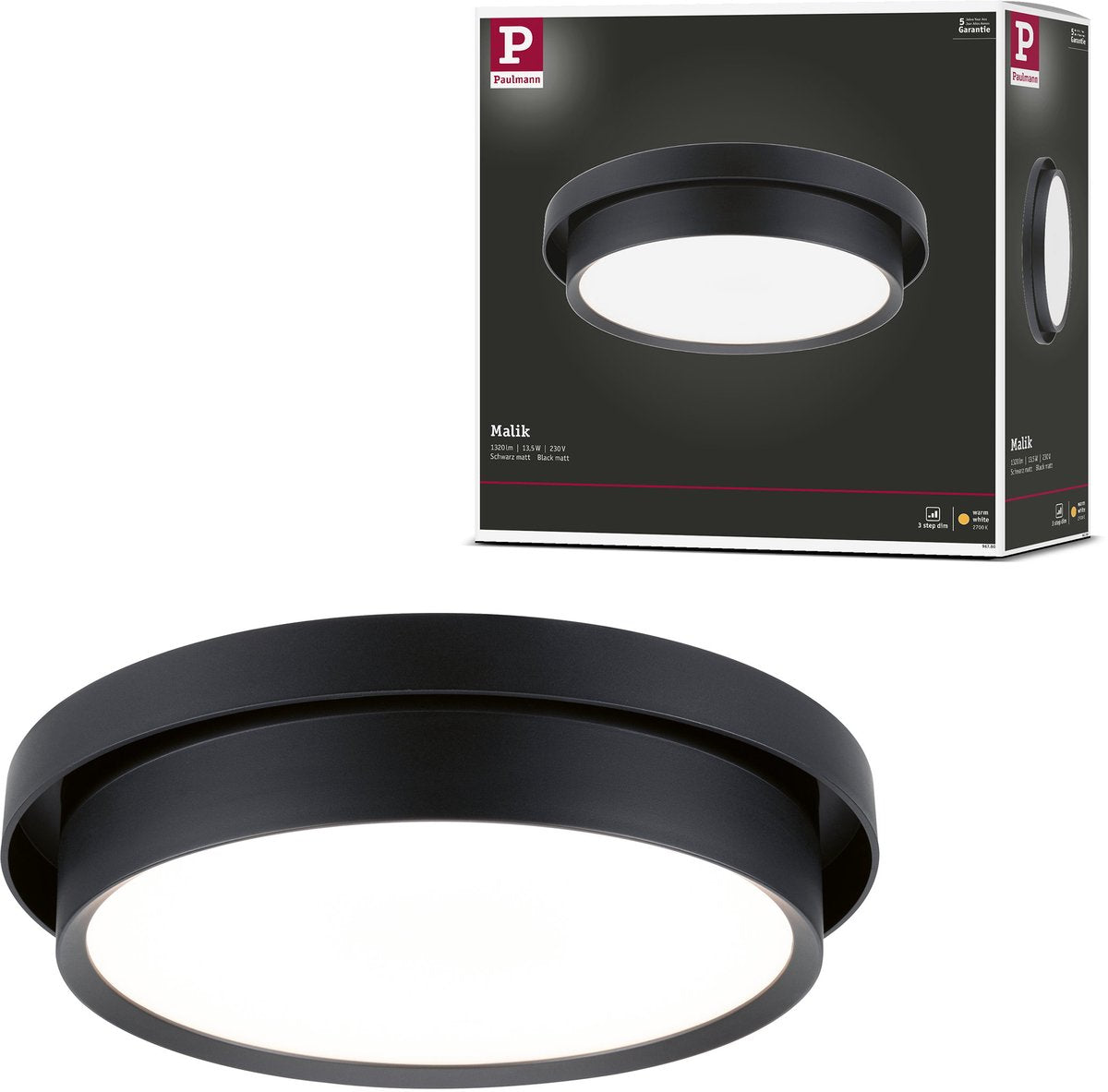 Paulmann Plafón LED 3-step-dim malik 2700k 850lm 230v 13,5w regulable negro mate