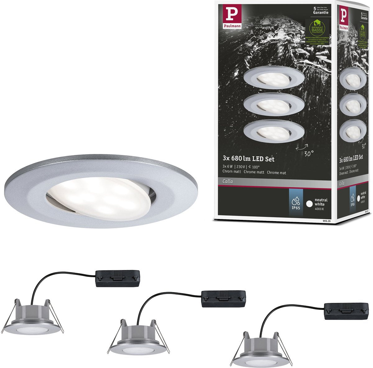 Paulmann LED empotrable Calla set básico orientable IP65 redondo 90 mm 30° 3x6W 3x530lm 230V 4000K cromo mate