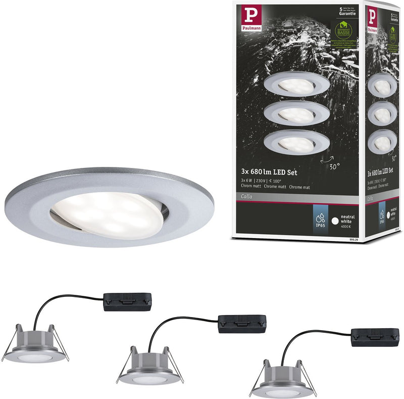 Paulmann LED empotrable Calla set básico orientable IP65 redondo 90 mm 30° 3x6W 3x530lm 230V 4000K cromo mate