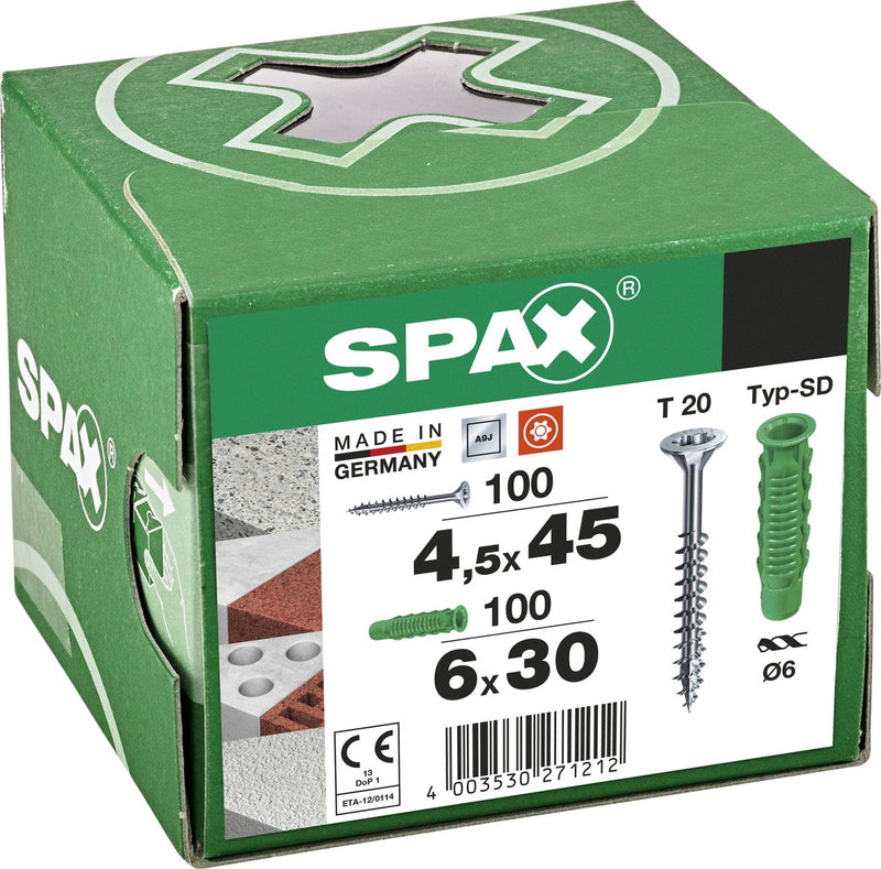 Taco Spax tipo SD 6 x 30 mm + tornillo universal, 4,5 x 45 mm, cabeza avellanada, rosca parcial, t-star plus t20, wirox, 100 + 100 piezas - 5000001200015