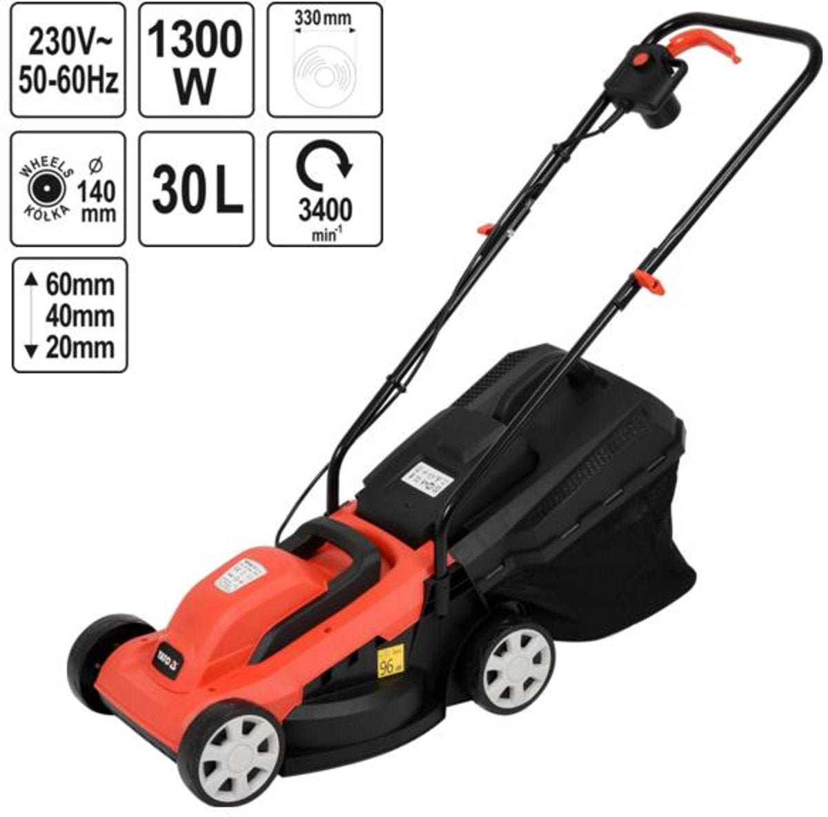 Rasaerba elettrico Yato 1300w - 33 cm - 30 l - regolabile in altezza