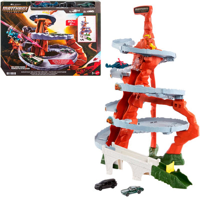 Matchbox la película Escape en helicóptero en las montañas, set de juego con 2 coches de juguete y 1 helicóptero