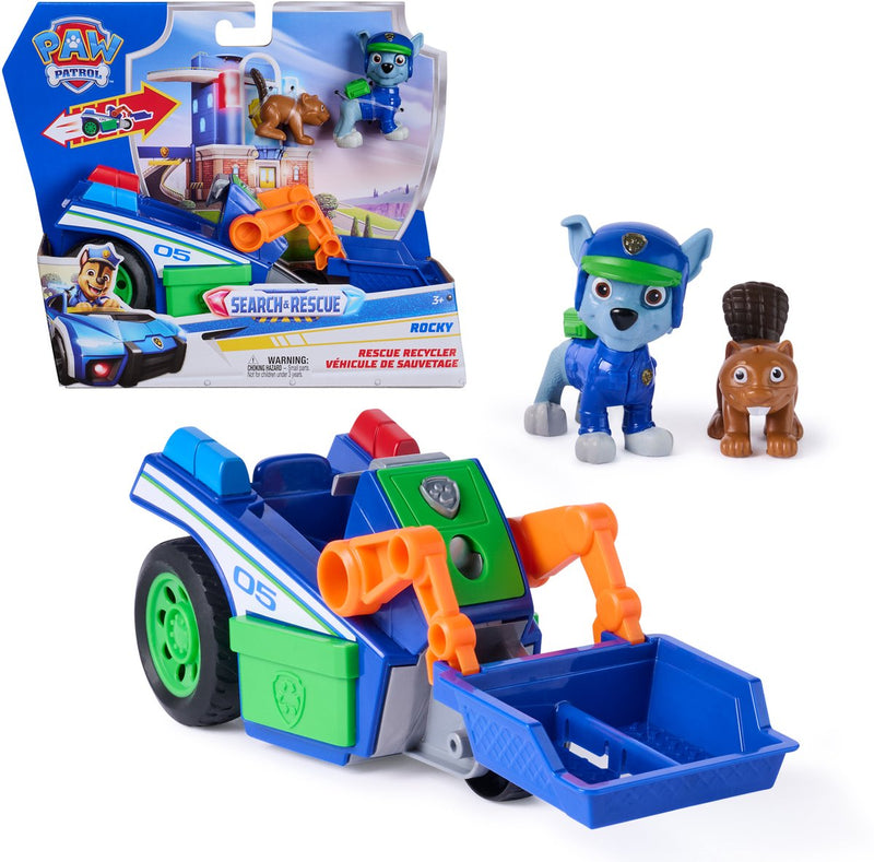 Paw Patrol - Search Rescue - Veicolo per il riciclaggio di Rocky con 2 personaggi con funzione pull-back - Veicoli giocattolo