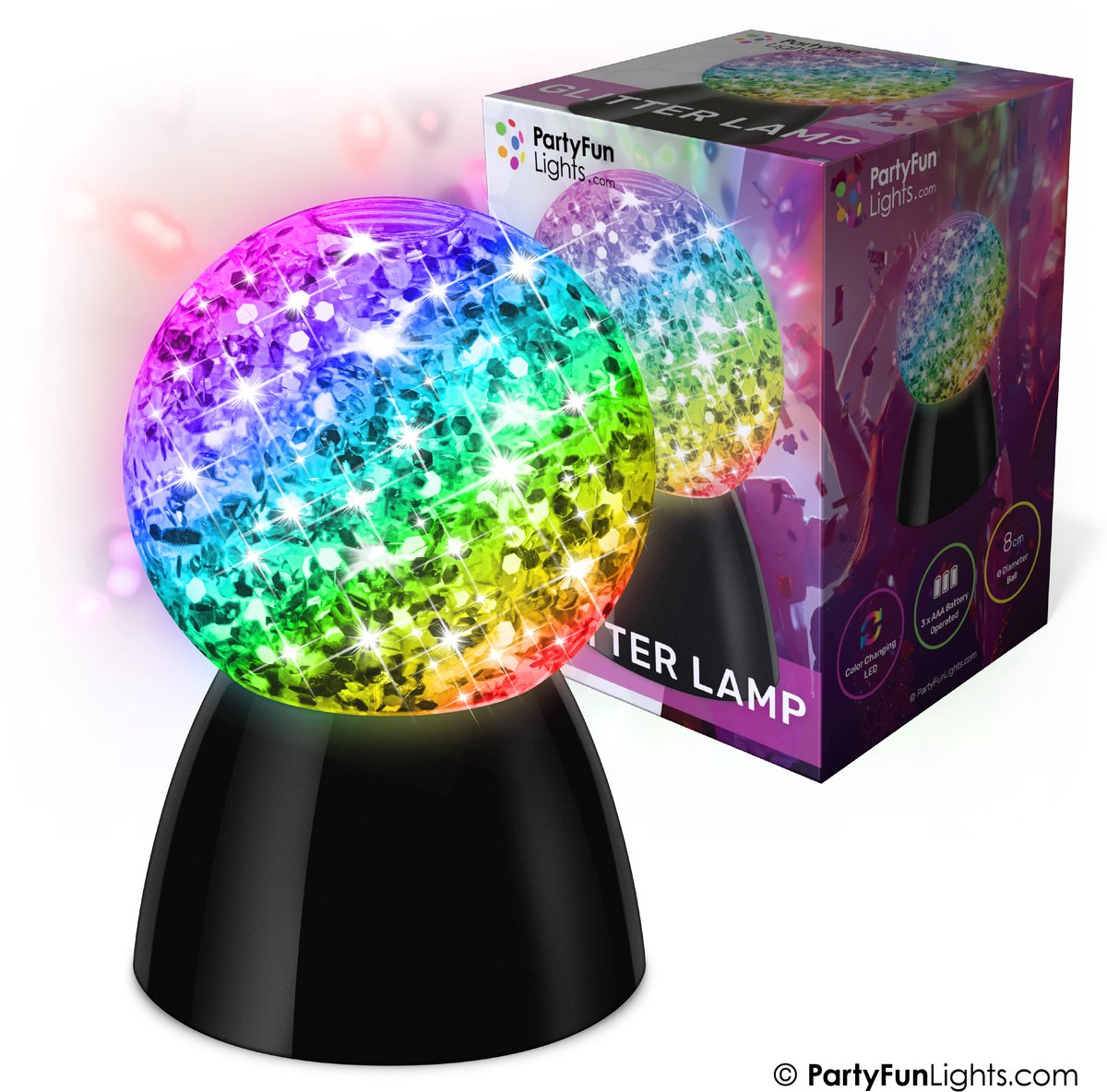 Partyfunlights – Lampada a sfera glitterata – funzionamento a batteria – cambia colore