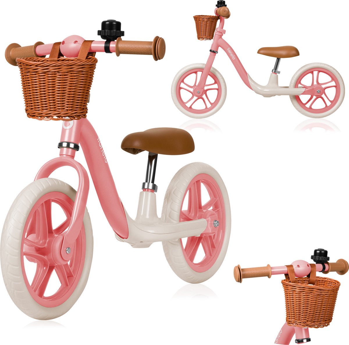 Bicicletta senza pedali per bambini Lionelo Alex Plus - da 3 a 6 anni - pneumatici in schiuma EVA - manubrio a sella regolabile - telaio in acciaio - limitatore del manubrio - incluso cestino per campanello - fino a 30 kg