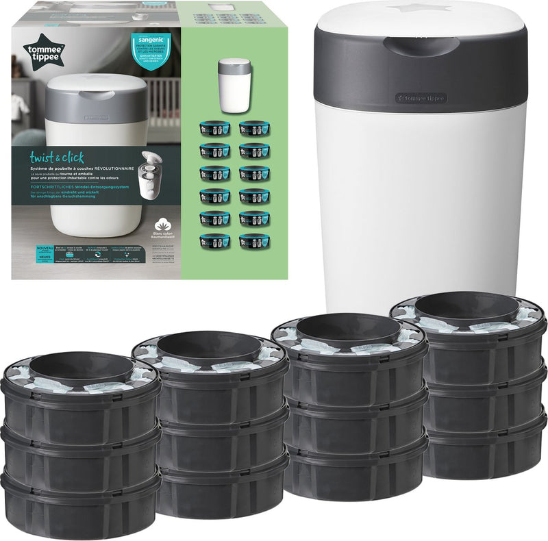 Set iniziale di secchielli per pannolini Tommee Tippee Twist Click - 12 ricariche - bianco