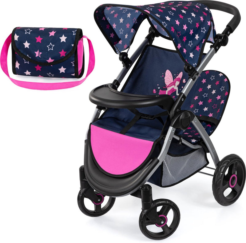 Bayer design cochecito de muñecas gemelo twin xeo, cochecito de muñecas doble, barra de empuje ajustable, bolso
