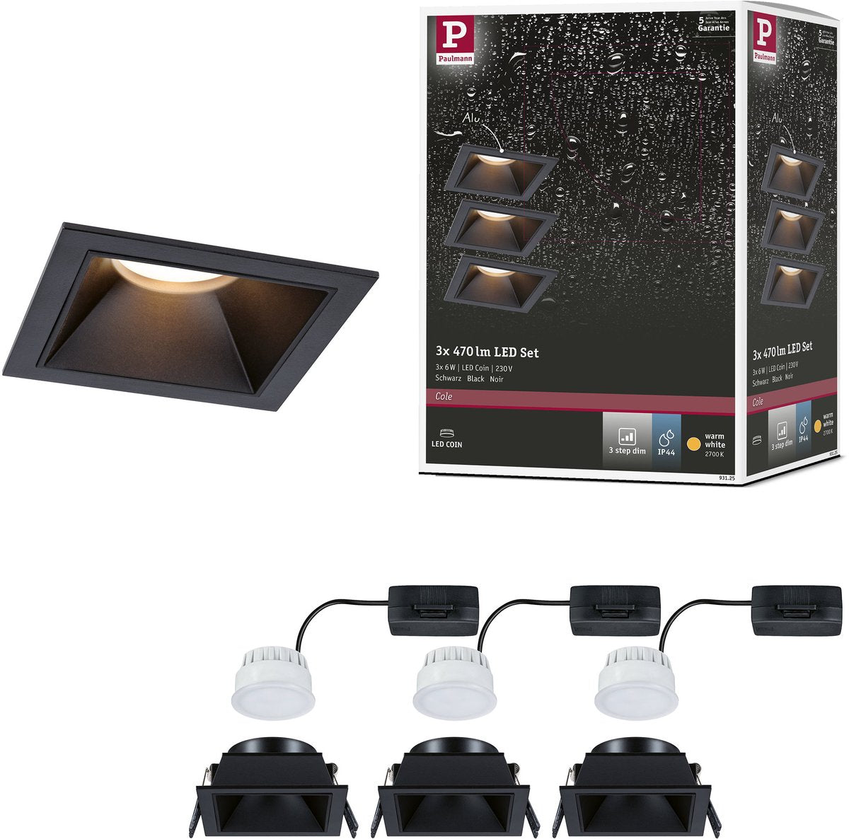 Paulmann empotrable LED 3-step-dim cole coin set de 3 ip44 angular 88x88 mm coin 3x6w 3x470lm 230v regulable 2700k negro