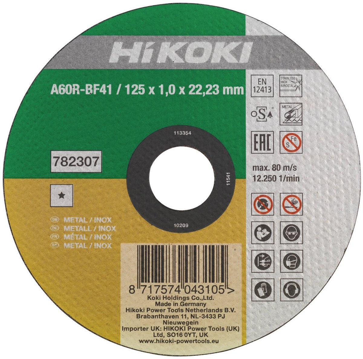 Disco de corte Hikoki para metal acero inoxidable 125x1mm - 782307
