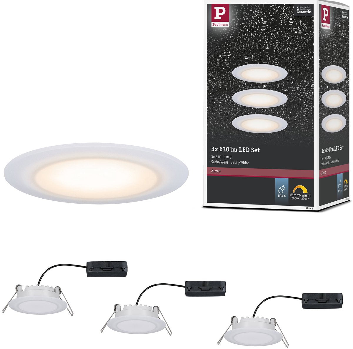 Paulmann premium led-inbouwlamp dim to warm suon basisset ip44 rond 90 mm 3x5w 3x450lm 230v dimbaar dim to warm satijn, wit