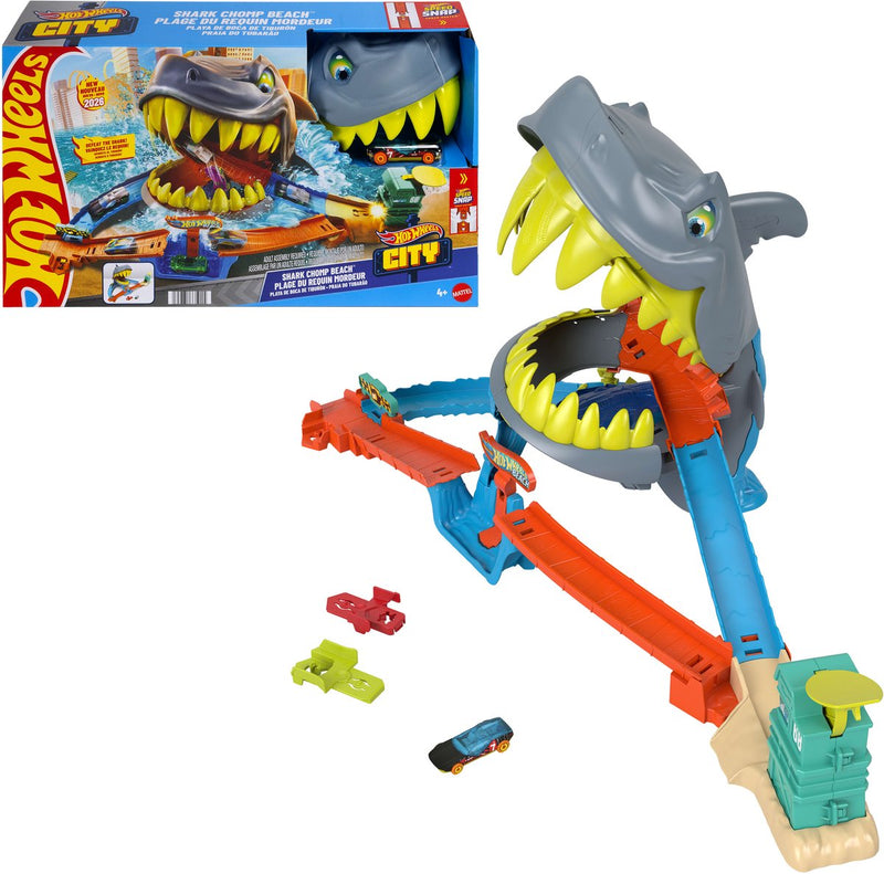 Set da gioco Hot Wheels City Shark Beach e macchinina in metallo