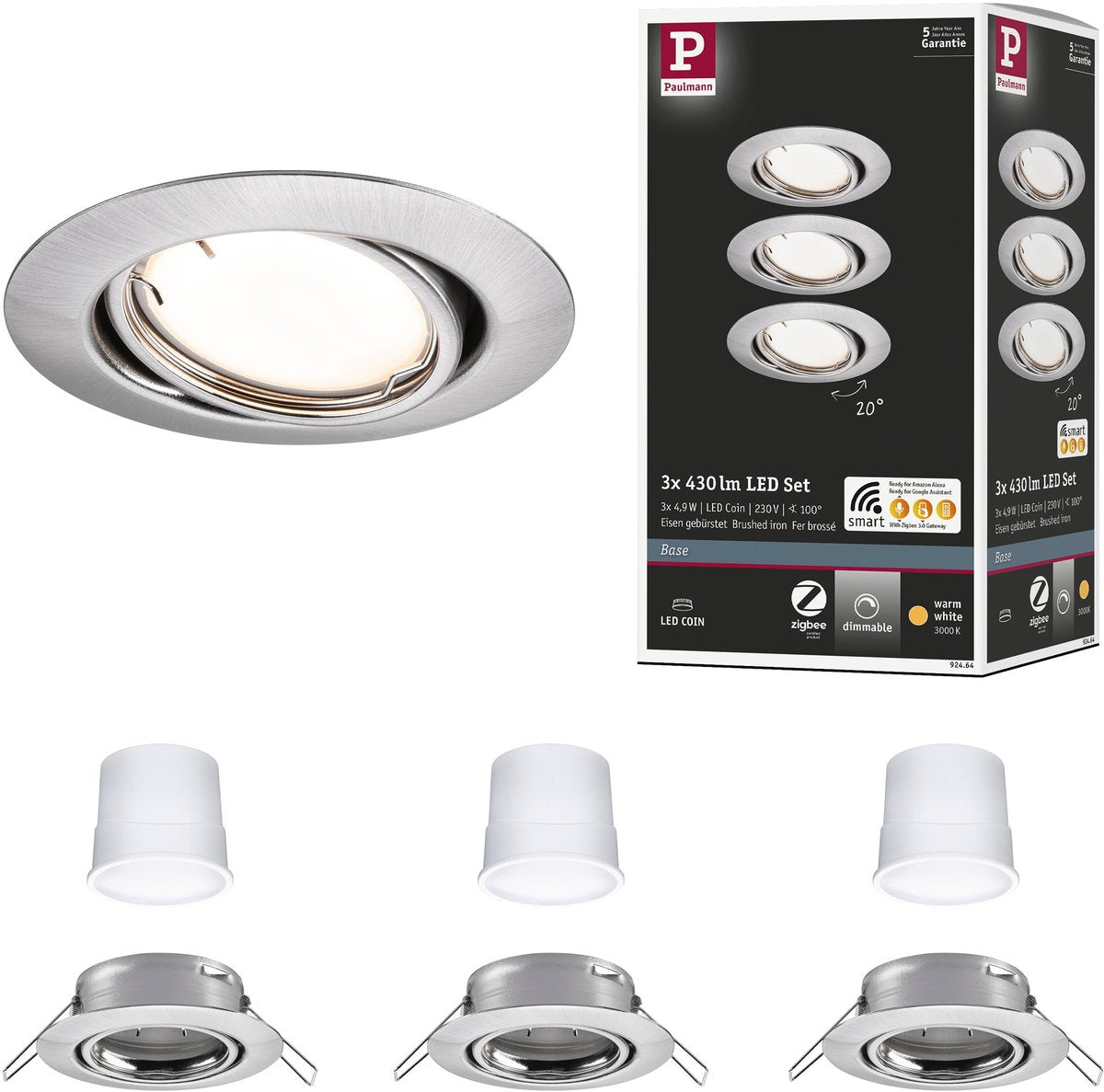 Paulmann LED empotrable hogar inteligente Zigbee 3.0 base moneda juego giratorio redondo 90 mm 20° moneda 3x4,9w 3x430lm 230v regulable 3000k acero cepillado
