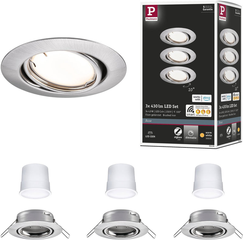 Paulmann lampada da incasso LED smart home Zigbee 3.0 base a moneta set base a moneta girevole tonda 90 mm 20° a moneta 3x4,9w 3x430lm 230v dimmerabile 3000k acciaio satinato