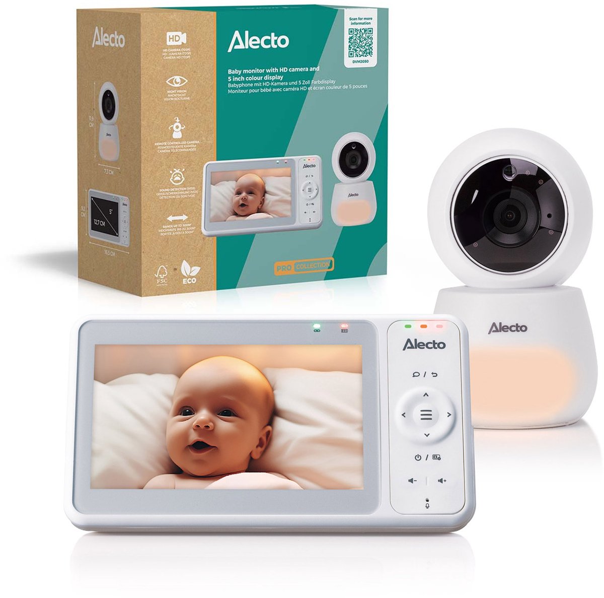 Alecto babyfoon met camera - pro collection - hd camera - groot 5 inch scherm - op afstand bestuurbaar - uitbreidbaar tot 4 camera's - nachtlampje - dvm2050 - wit