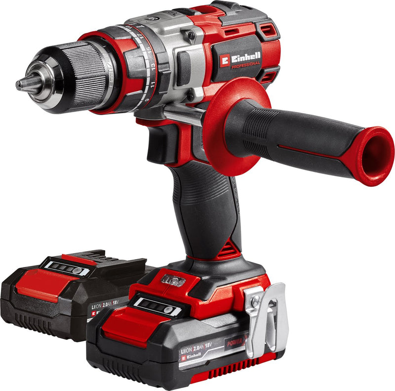 Taladro/destornillador de impacto inalámbrico profesional Einhell TP-CD 18 80 li-i bl kit - power x-change - 18 v li-ion - con función de impacto - 2 velocidades - 80 nm - motor sin escobillas - incl. 2x batería de 2,0 ah y cargador, estuche