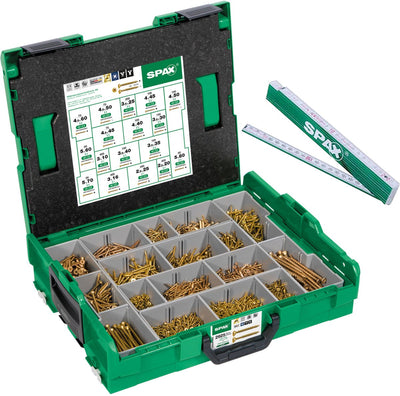 Maletín de montaje Spax, l-boxx, grande, yellox a2l, cruz z, cabeza avellanada, 17 dimensiones, 2930 piezas, incl. 5 puntas y regla plegable - 5000009160069