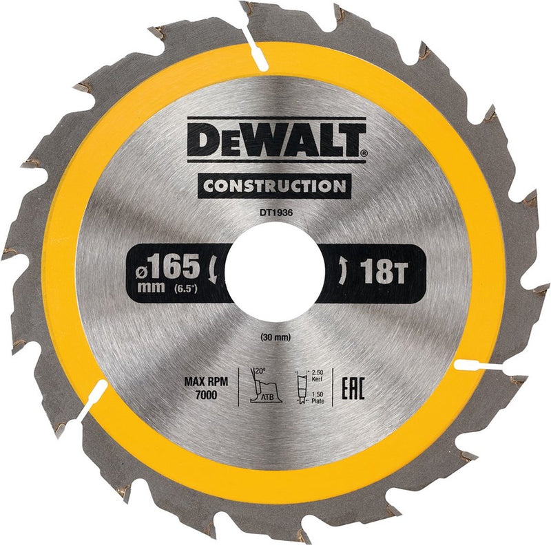 Hoja de sierra circular Dewalt para madera | construcción | ø 165mm agujero eje 30mm 18t - dt1936-qz