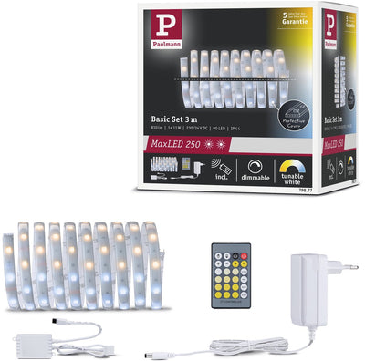 Paulmann maxled 250 led strip basic set 3m tunable white 3m coated ip44 11w 270lm m 30 leds m tunable white 24va