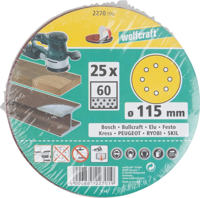 Wolfcraft - carta vetrata grana 60 - 115 mm - 25 pezzi - per levigatrici - attacco in velcro - 2270100