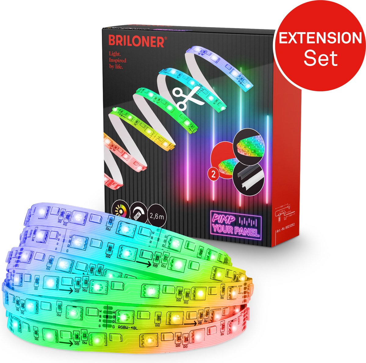 Briloner proxene tu panel - set de extensión tira LED 2,6m - 8023252 - set de extensión rgb - proxeneta tu panel - se puede acortar - autoadhesivo - extensible - 262,5 x 1 cm