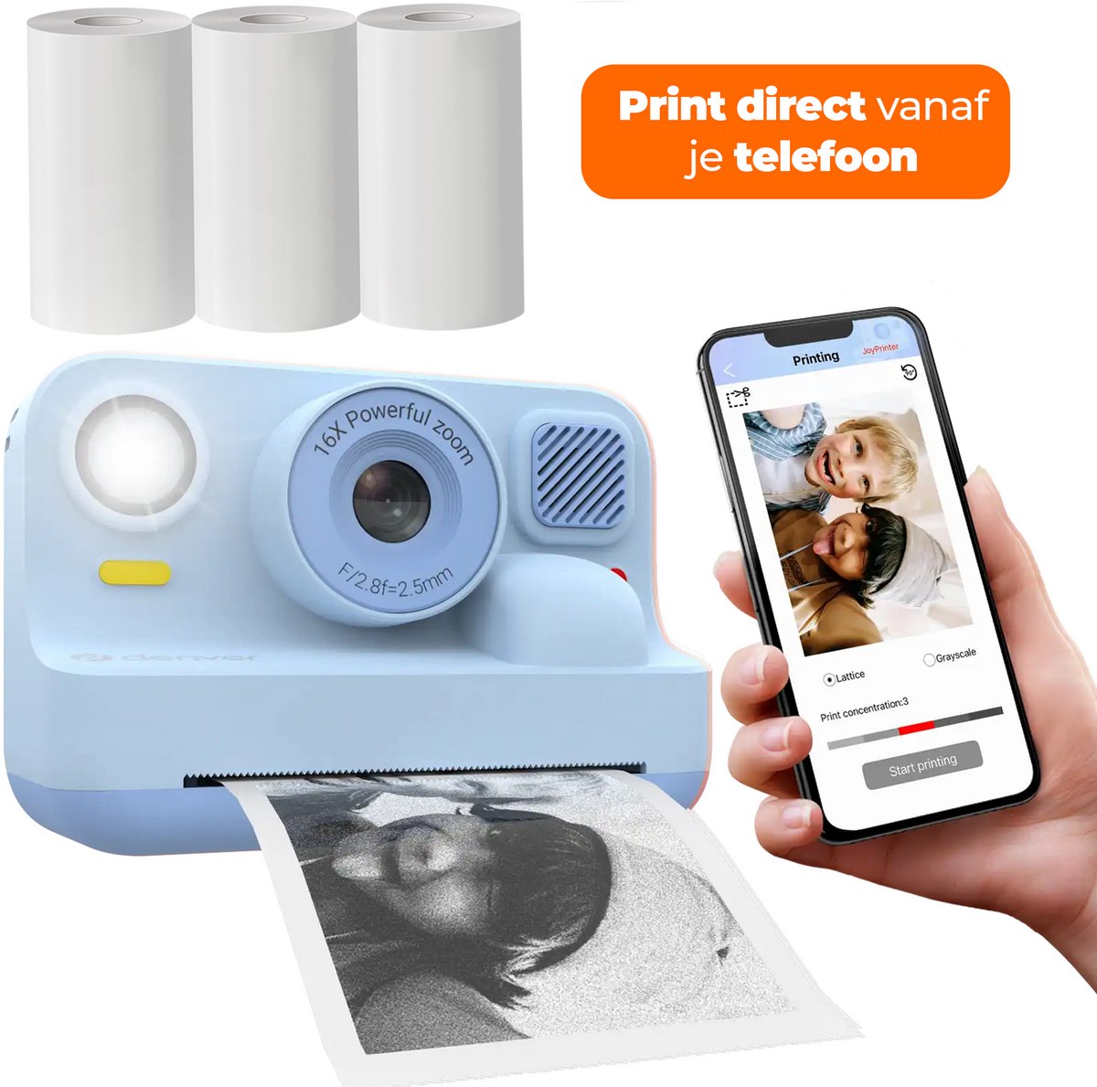 Denver kindercamera full hd met printer - selfie camera - 48mp - digitale camera kinderen - bluetooth printer - foto video - kpc1374btbu - blauw