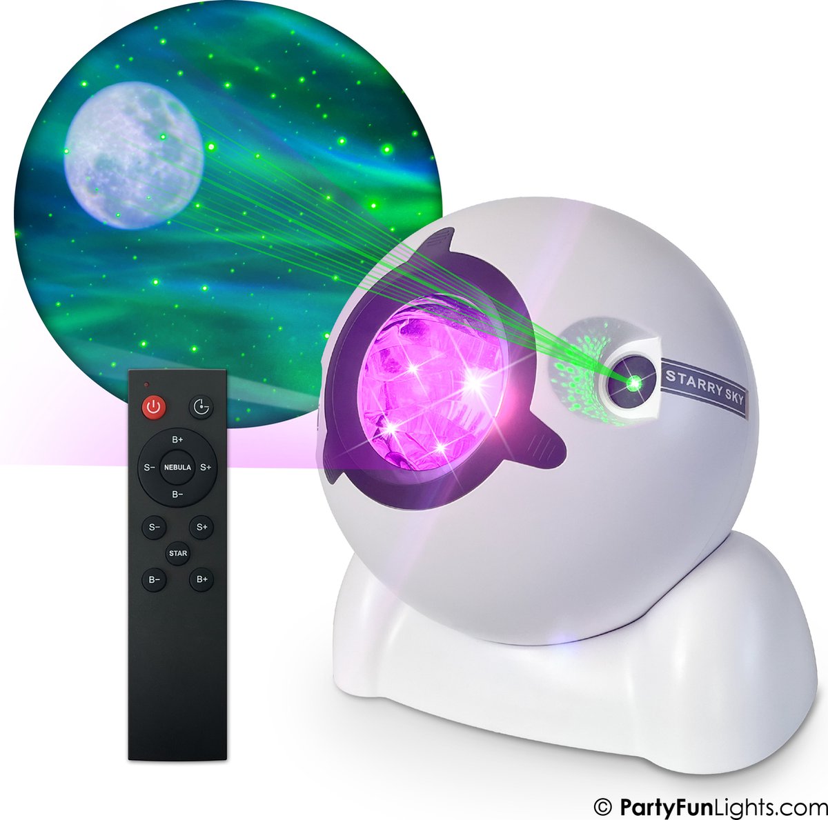 Partyfunlights - lámpara para proyector de auroras boreales, luna y estrellas - funciona con USB - incl. Cable USB - incl. mando a distancia - blanco