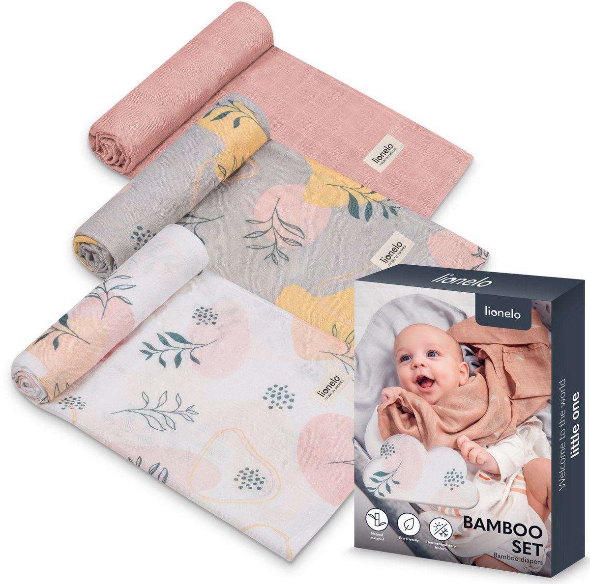 Lionelo bamboo set - 100% bamboe katoen luiers - set van 3 stuks - 70 x 70 cm - hypoallergeen - antibacterieel - thermoregulerend - ademend zacht - veelkleurig - wasbaar - vanaf geboorte
