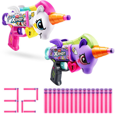 Xshot blastercorn set bianco e viola - blaster giocattolo unicorno zuru, confezione da 2