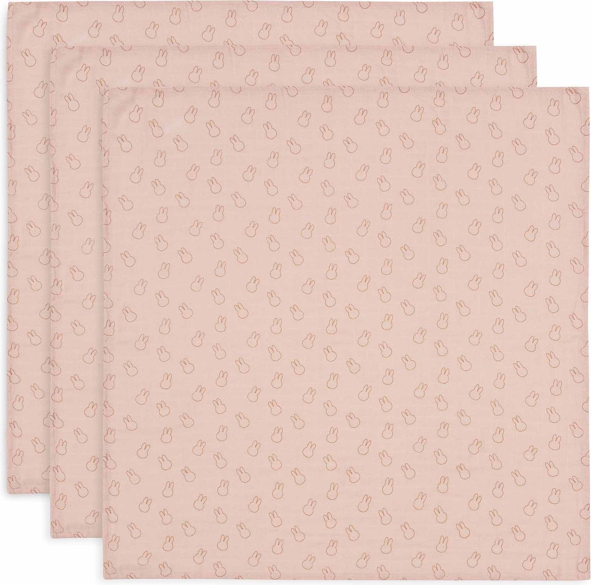 Jollein x Miffy - panno idrofilo piccolo 70x70 cm - panni salva ruttino - cotone morbido - 3 pezzi - sagome miffy rosa selvatica