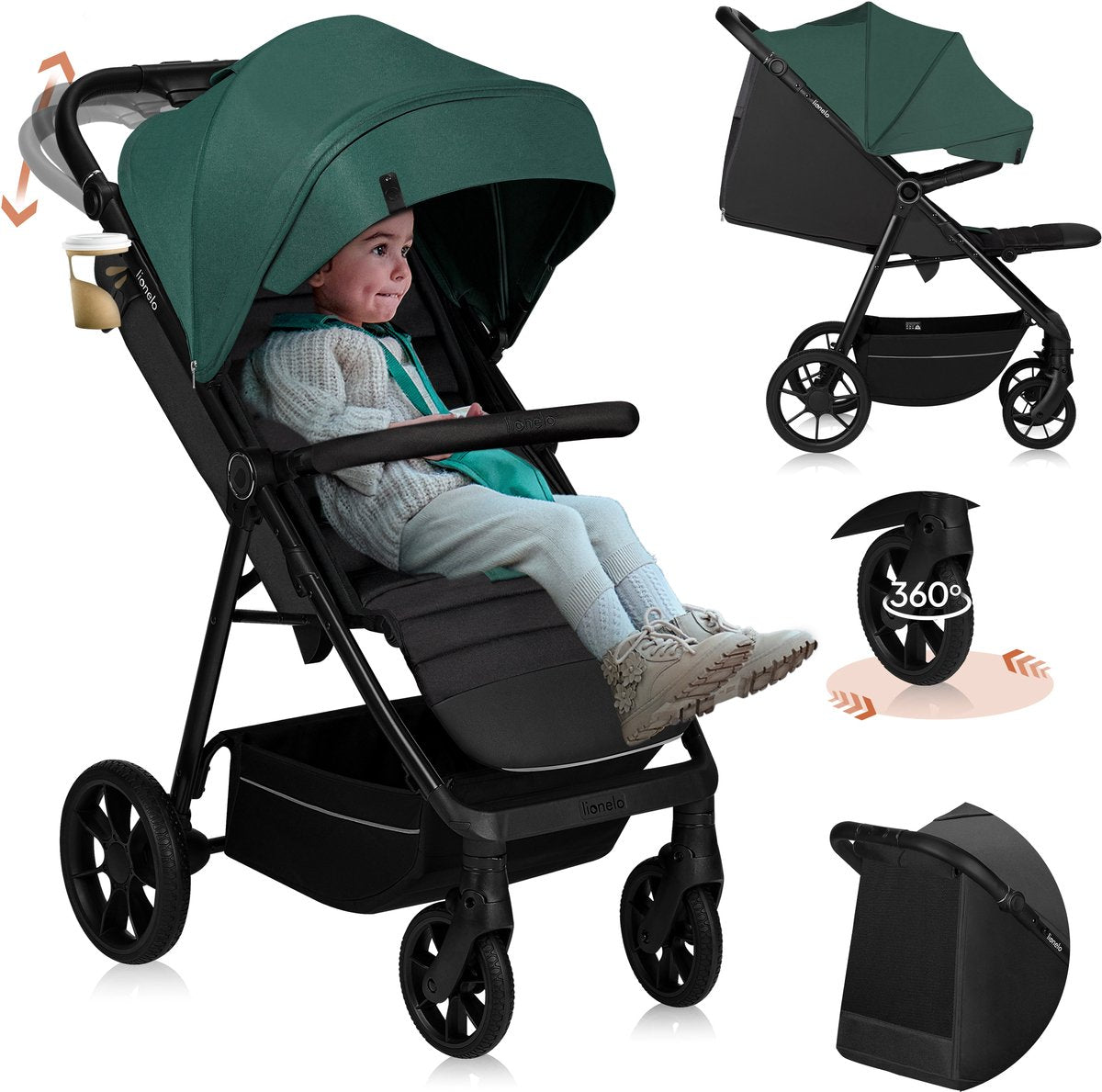 Lionelo mira - kinderwagen - wandelwagen - voor kinderen tot 22 kg - voorwielen 360° - verstelbare rugleuning handgreep - waterdichte xxl luifel met upf50+ - 5-puntsgordel - grote off-road wielen - volledige schokdemping - compact opvouwbaar
