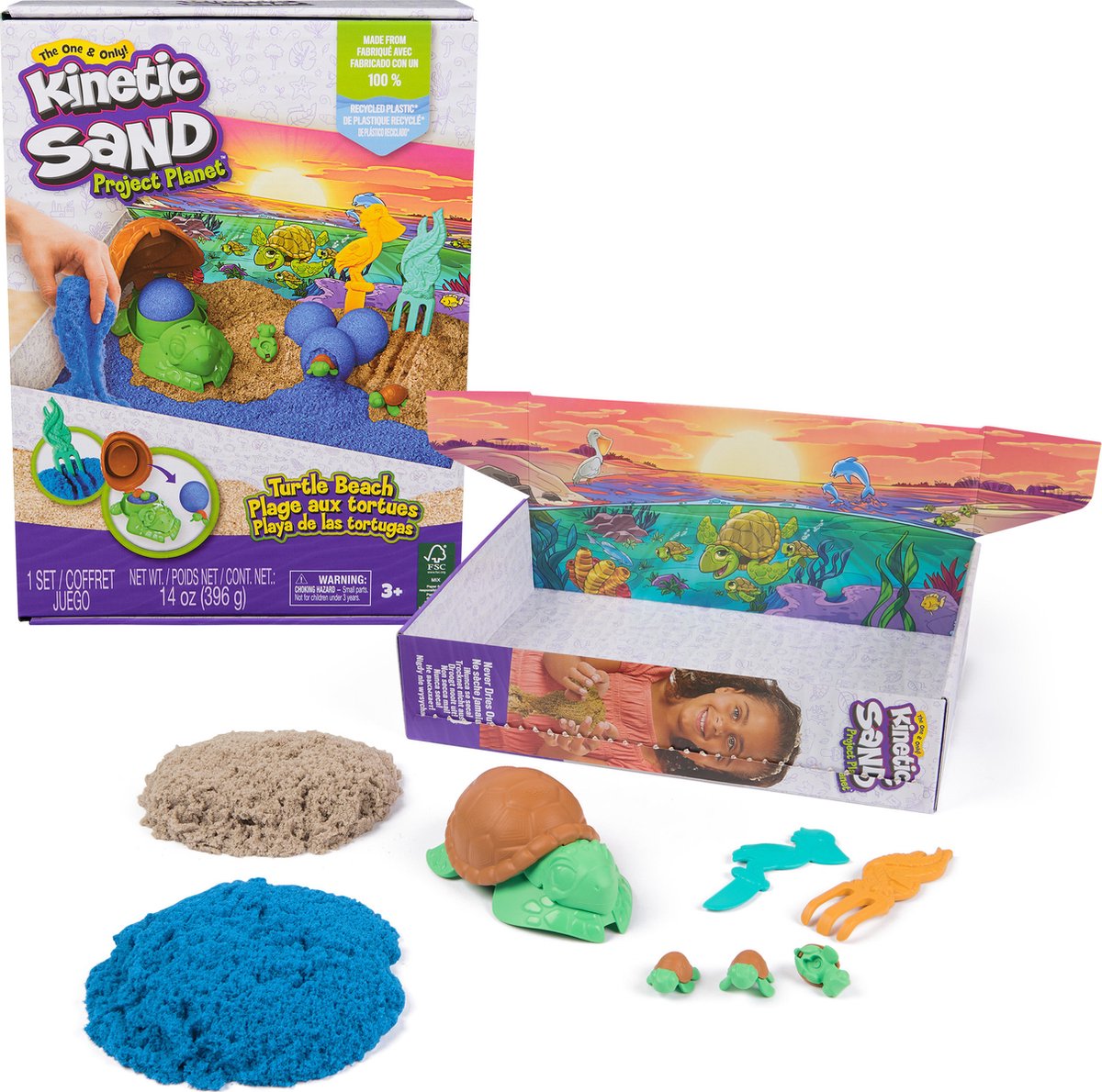 Kinetic Sand Project Planet - set da gioco per la spiaggia delle tartarughe con 396 g originale - strumenti e forme - ecologico - giocattoli sensoriali
