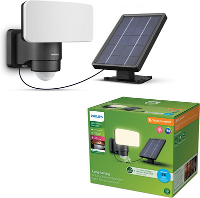 Lampada di sicurezza Philips LED Philips Tylus - LED ultra efficiente - lampada solare da esterno - luce calda e chiara; 3000k - nero - sensore di movimento - sensore crepuscolare - energia solare