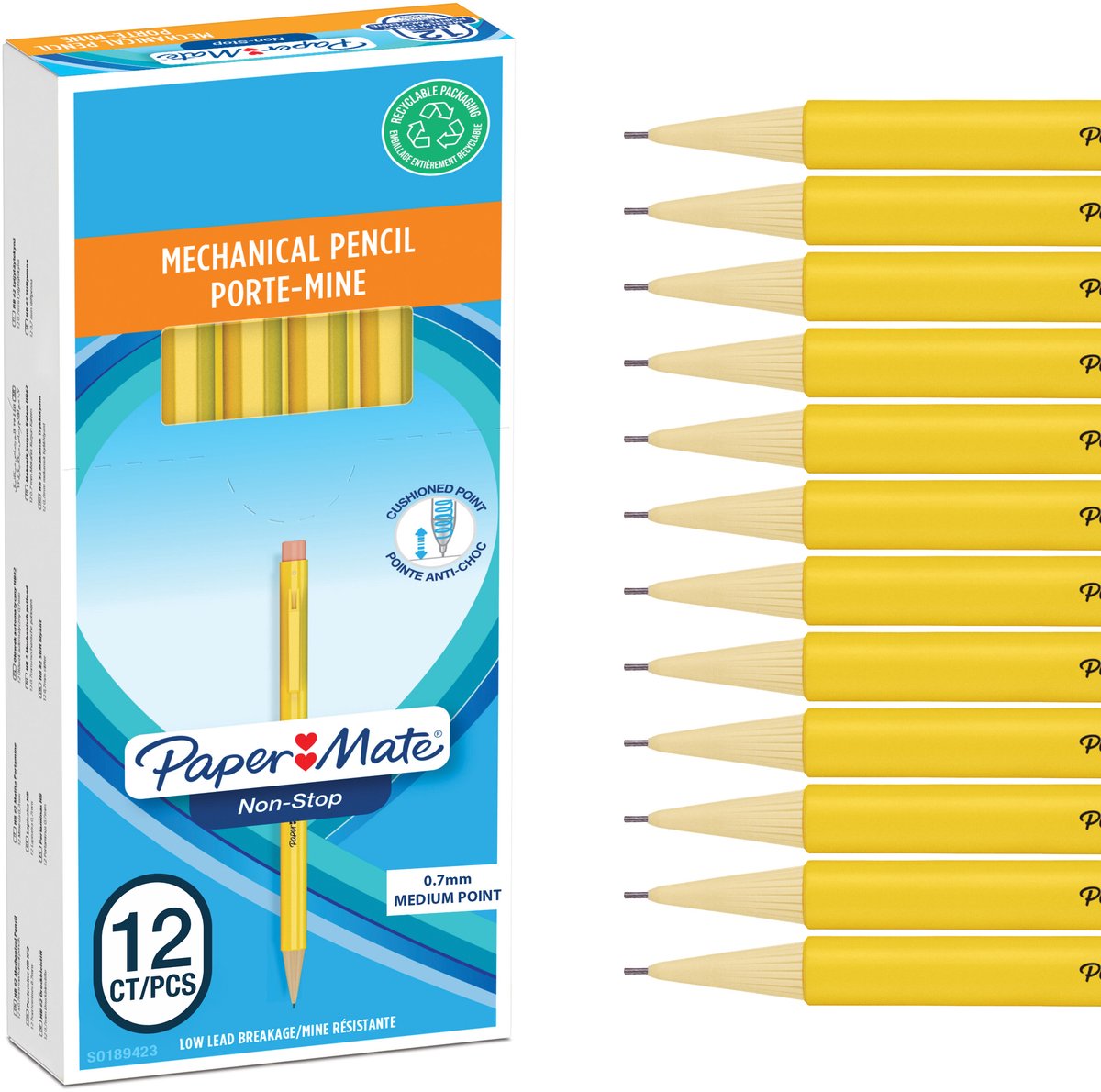 Paper mate non-stop vulpotloden | 0,7 mm | hb #2 | gele behuizing | 12 stuks
