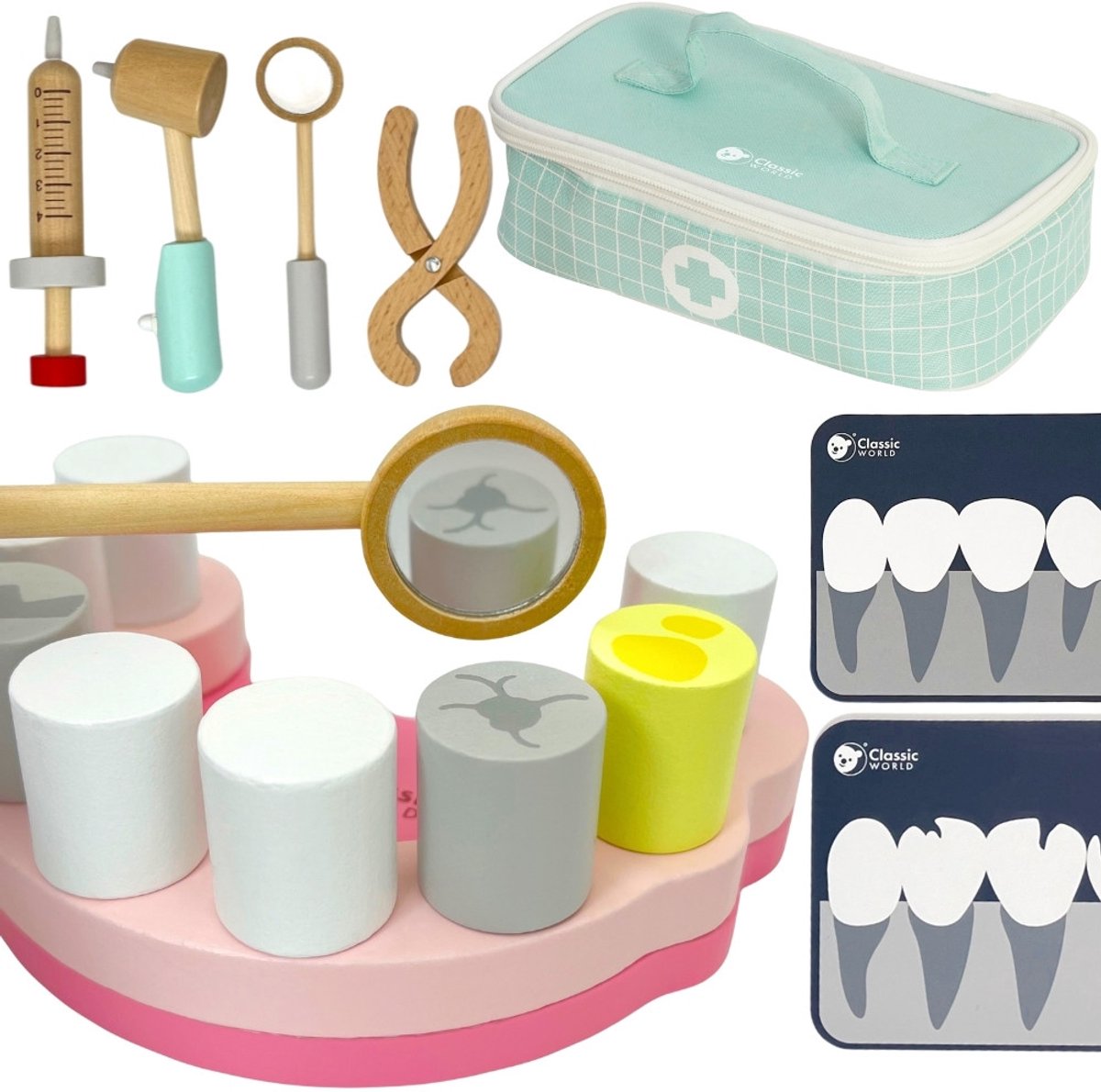 Classic World World Worly Dentista de madera colocada en la bolsa de almacenamiento
