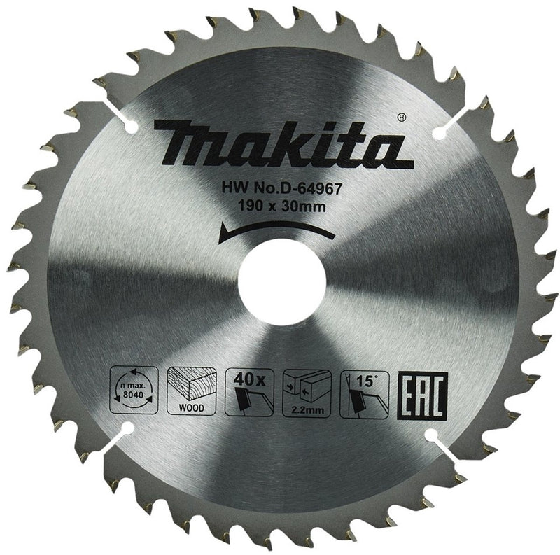 Accesorios Makita hoja de sierra circular para madera | estándar, 190x30x2.2 40t 15g - d-64967 - d-64967
