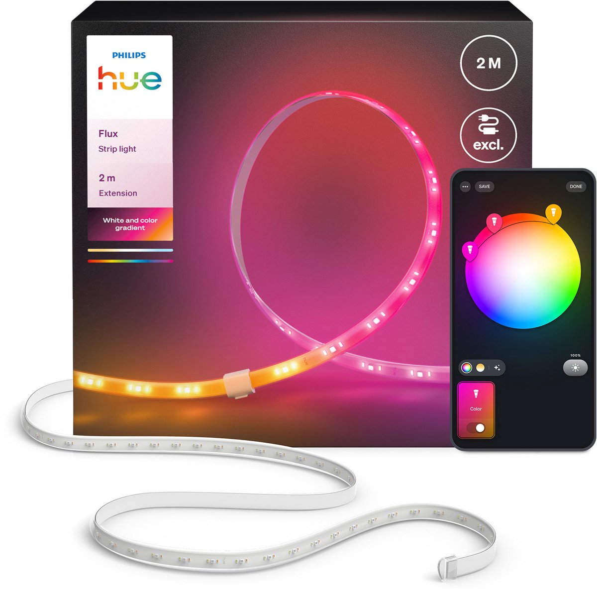 Philips hue flux led strip verlenging - 2 meter verlengstrip - eenvoudige installatie - wit en gekleurd licht - chromasync™ technologie