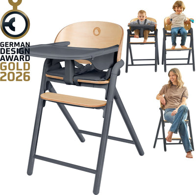 Seggiolone Lionelo Celia 3 in 1 in legno - da bambino ad adulto - poggiapiedi sedile regolabile - cintura a 5 punti - rivestimento in ecopelle - incluso vassoio pappa baby set - portata fino a 110 kg