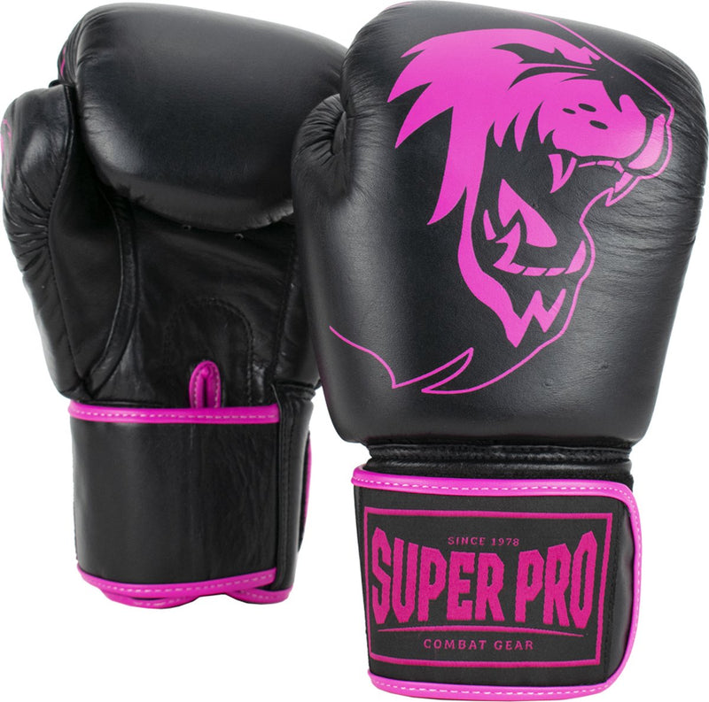Guantes de boxeo Super Pro Combat Gear Warrior de cuero (patada) negro rosa 10oz