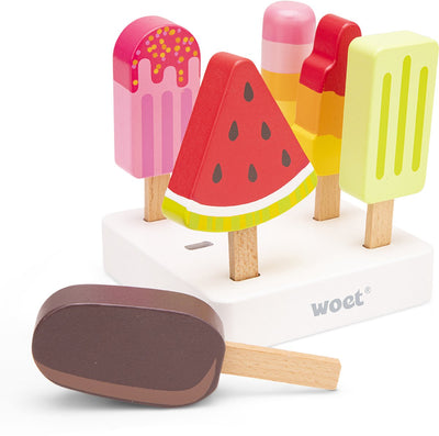 Woet ® Juguetes para helados de madera - Helados de colores de 6 piezas con soporte - Comida de juguete - Juego de rol Puesto de helados de juguete de cocina - A partir de 2 años