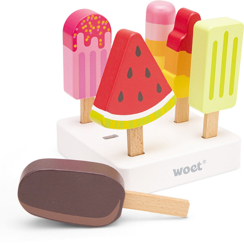 Woet ® giocattoli di gelato in legno - gelati colorati da 6 pezzi con supporto - cibo giocattolo - gioco di ruolo bancarella di gelati giocattolo da cucina - da 2 anni