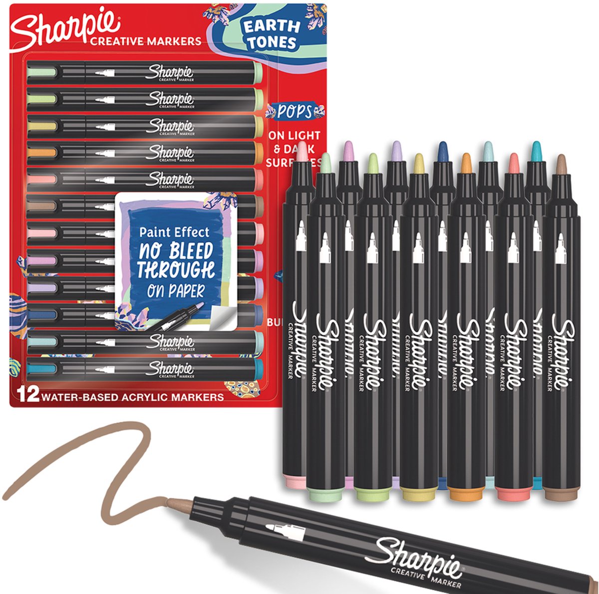 Pennarelli creativi Sharpie Pennarelli a vernice acrilica | toni della terra | pennarelli a base d'acqua | Non sbava, scrive sulla maggior parte delle superfici | punto elenco | forniture per lo studio scolastico | vari colori | 12 pezzi