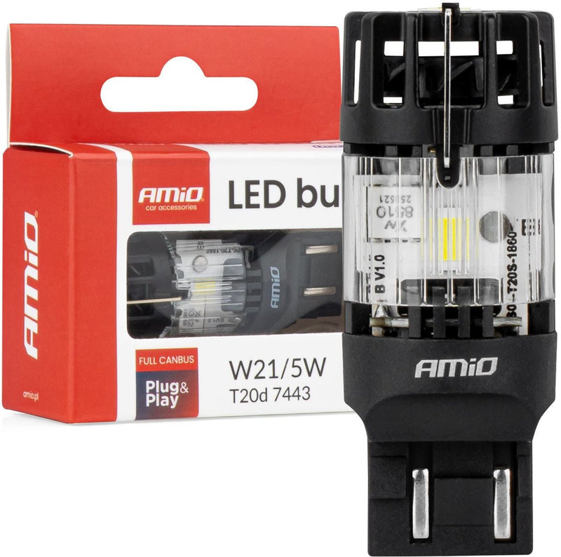 Lampada LED Amio Lumitec T20D 7443 W21 5W 12V Full Canbus – ricambio LED doppio filamento bianco (1 pezzo)
