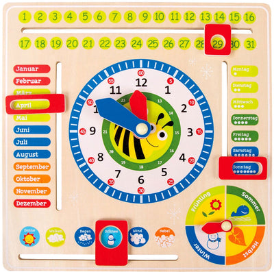 Temporadas del reloj calendario de madera de pie pequeño en (alemán)