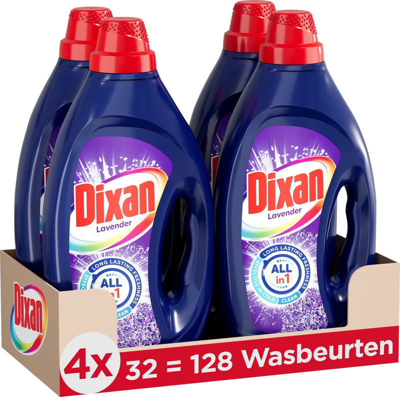 Dixan gel lavanda fresca - detersivo liquido - per bucato di tutti i colori - profumo intenso - 4 x 32 lavaggi - confezione risparmio